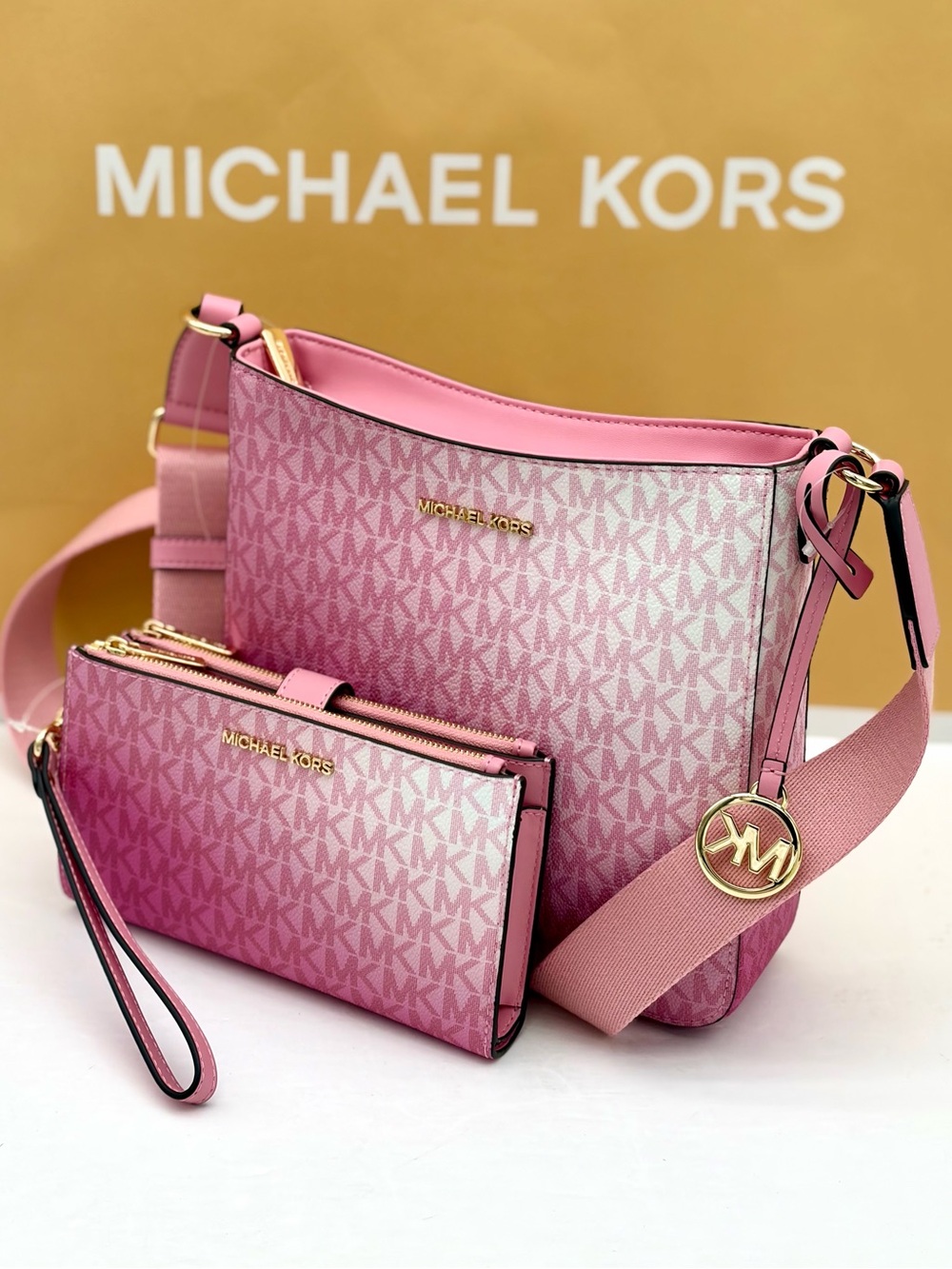 Michael Kors Ombre Pink MK Signature Crossbody with Wristlet Wallet Set - Picture 12 of 16